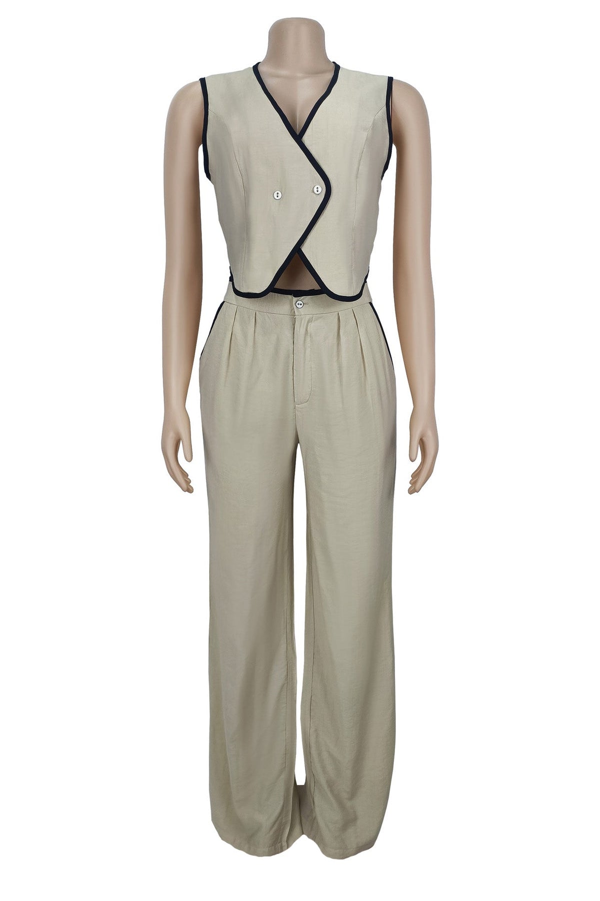 V-Neck Button Top & Pants Two-Piece Set Lavish Daily
