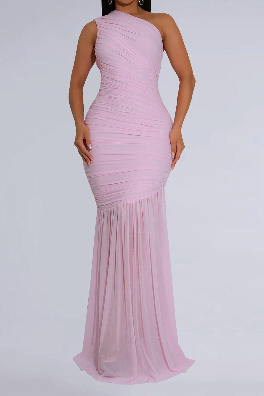 One-Shoulder Ruched Mesh Maxi Dress Lavish Daily