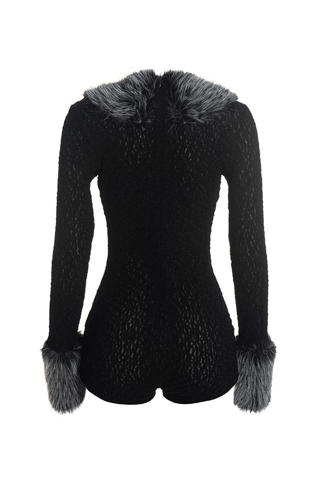 Plush-Trim V-Neck Long-Sleeve Romper Lavish Daily