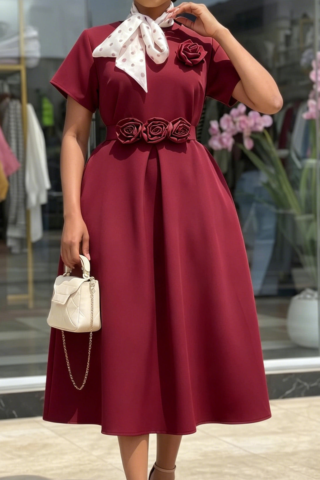 3D Rosette Belted A-Line Midi Dress Lavish Daily