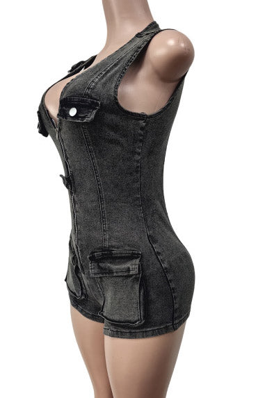 Waist-Cinched Denim Rompers Lavish Daily