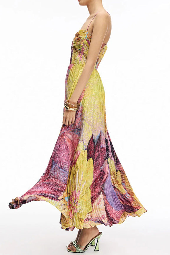 Printed Pleated Maxi Dress with Spaghetti Straps Lavish Daily