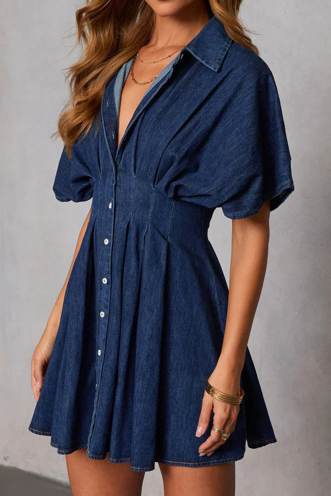 Dark Wash Pleated Waist Denim Mini Dress Lavish Daily
