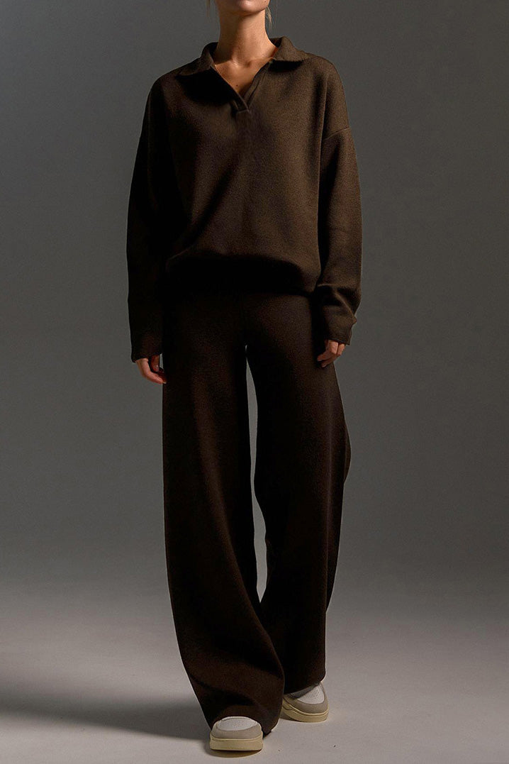 2-Piece Knit Polo & Wide-Leg Lounge Set Lavish Daily