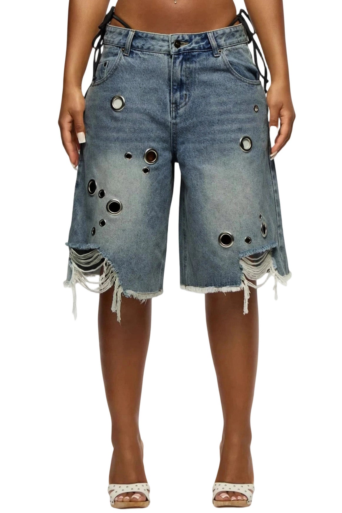 Grommet Distressed Denim Bermuda Shorts Lavish Daily