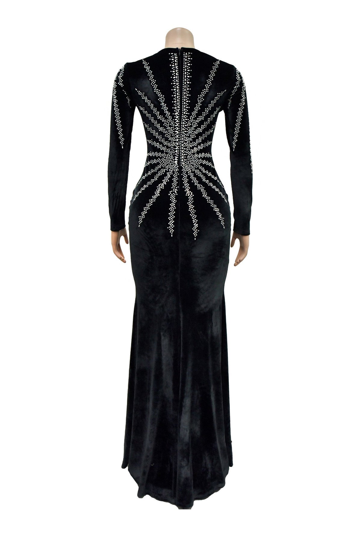 Rhinestone Plunge Illusion Velvet Maxi Dress Lavish Daily