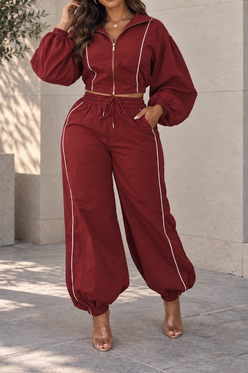 Piped Balloon Sleeve Tracksuit Set Lavish Daily