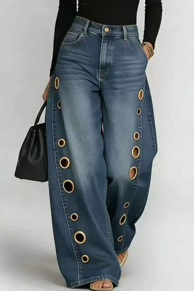 Statement Grommet Wide Leg Jeans Lavish Daily