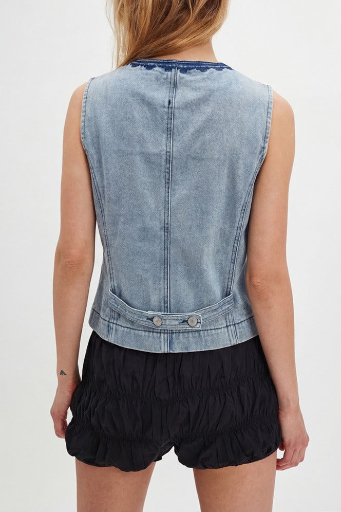 Embroidered Boho V-Neck Denim Vest LavishDaily