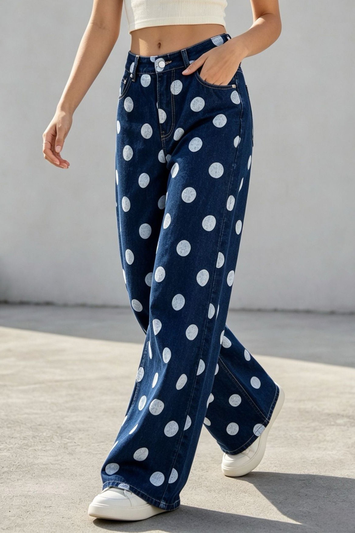Non-Stretch Polka Dot Wide Leg Jeans Lavish Daily