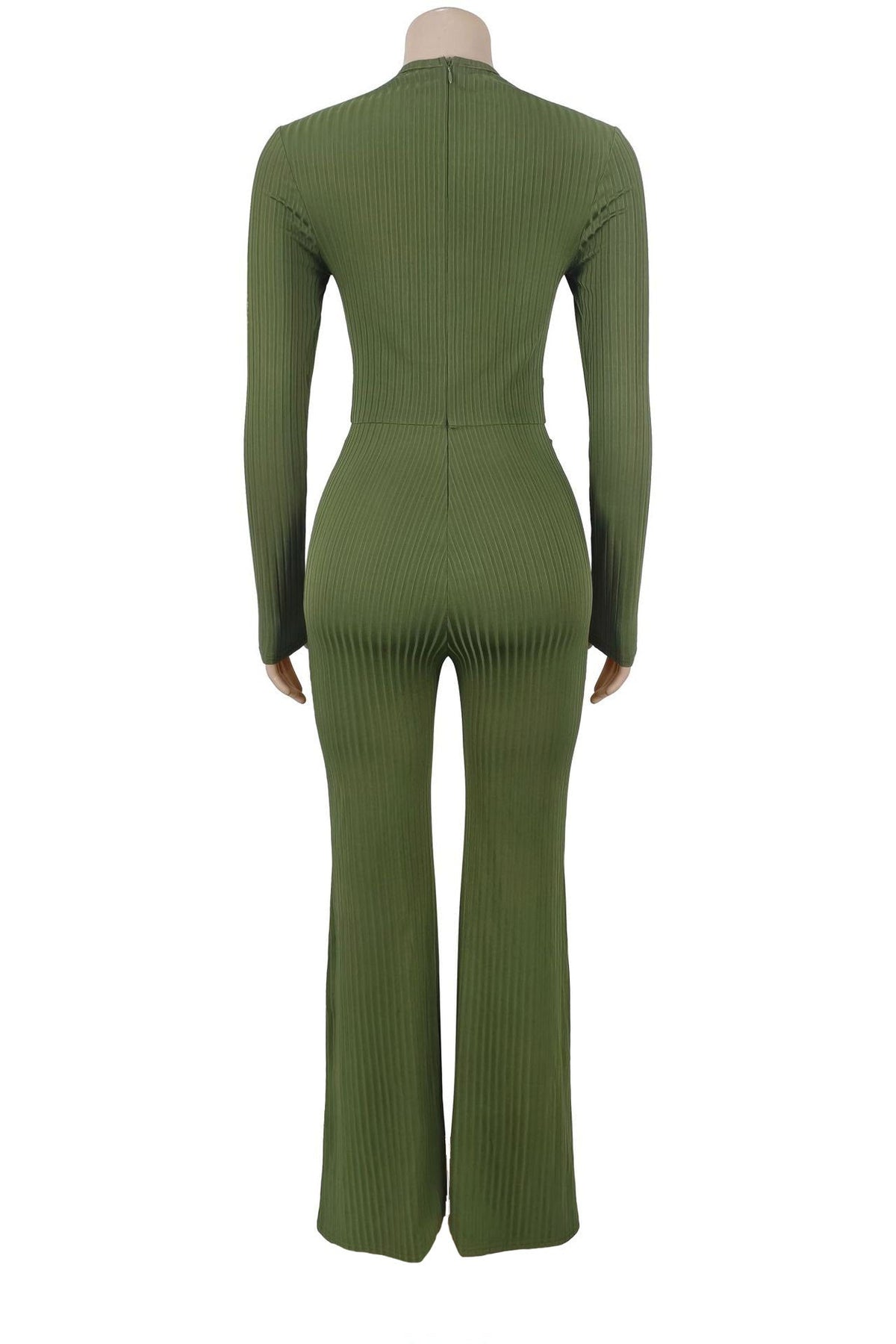 Ribbed Cutout Long-Sleeve Flared Jumpsuit Lavish Daily