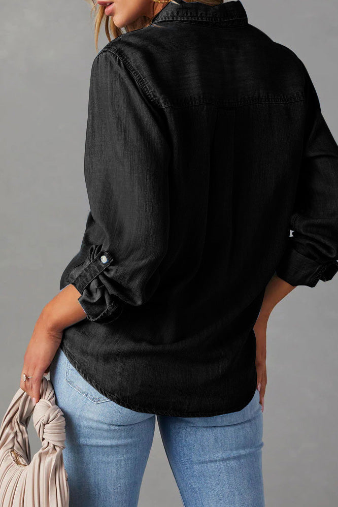 Classic Roll-Tab Sleeve Denim Button-Down Lavish Daily