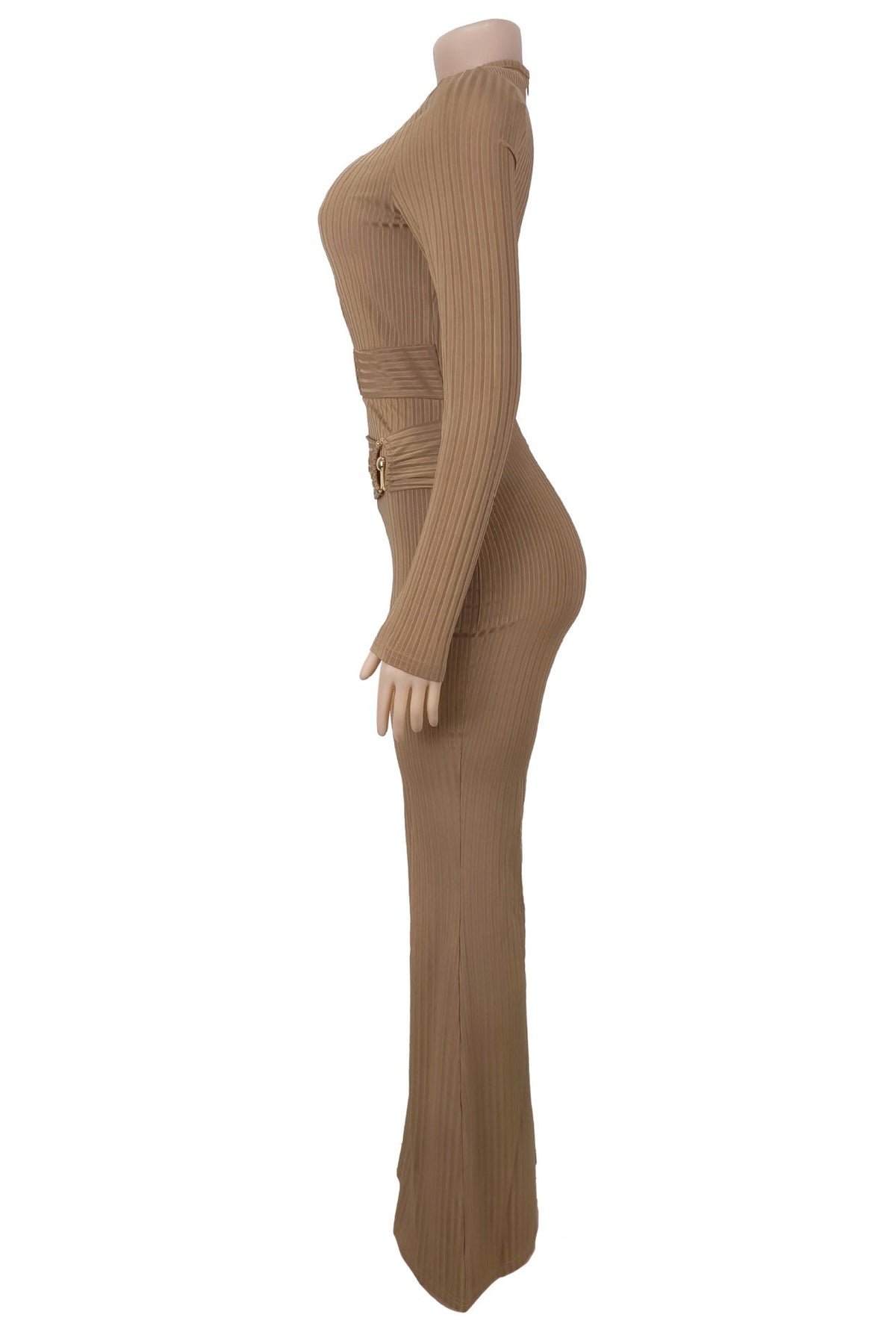 Ribbed Cutout Long-Sleeve Flared Jumpsuit Lavish Daily