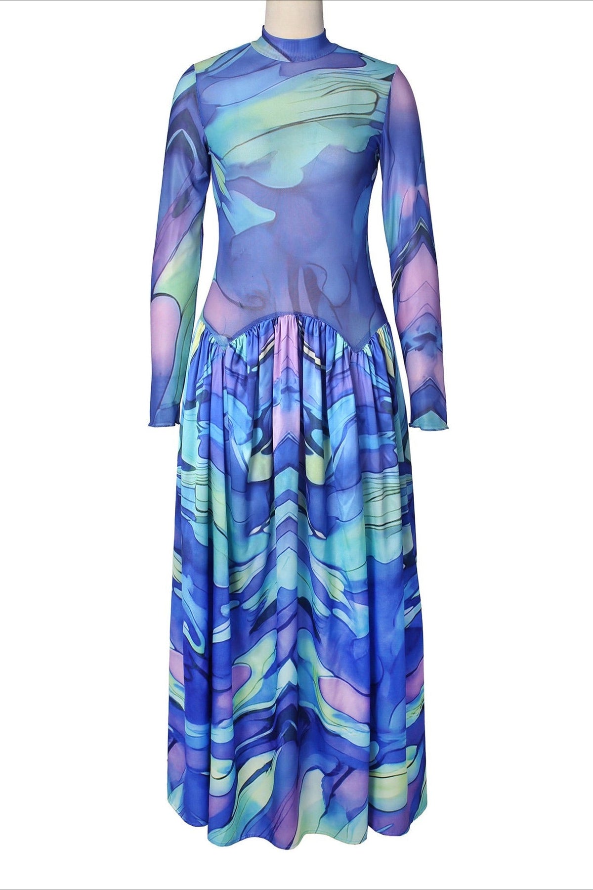 Mock Neck Mesh Floral Maxi Dress Lavish Daily