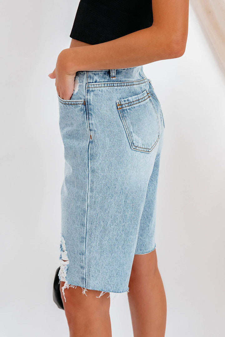 High-Waisted Distressed Denim Bermuda Shorts Lavish Daily