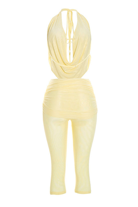 Draped Halter & Sheer Mesh Capri Set Lavish Daily