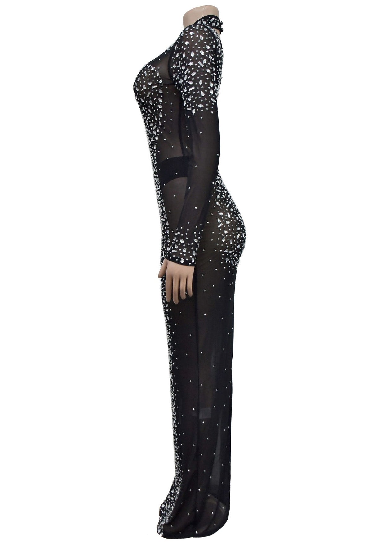Mesh Rhinestone Long Sleeve Maxi Dress Lavish Daily