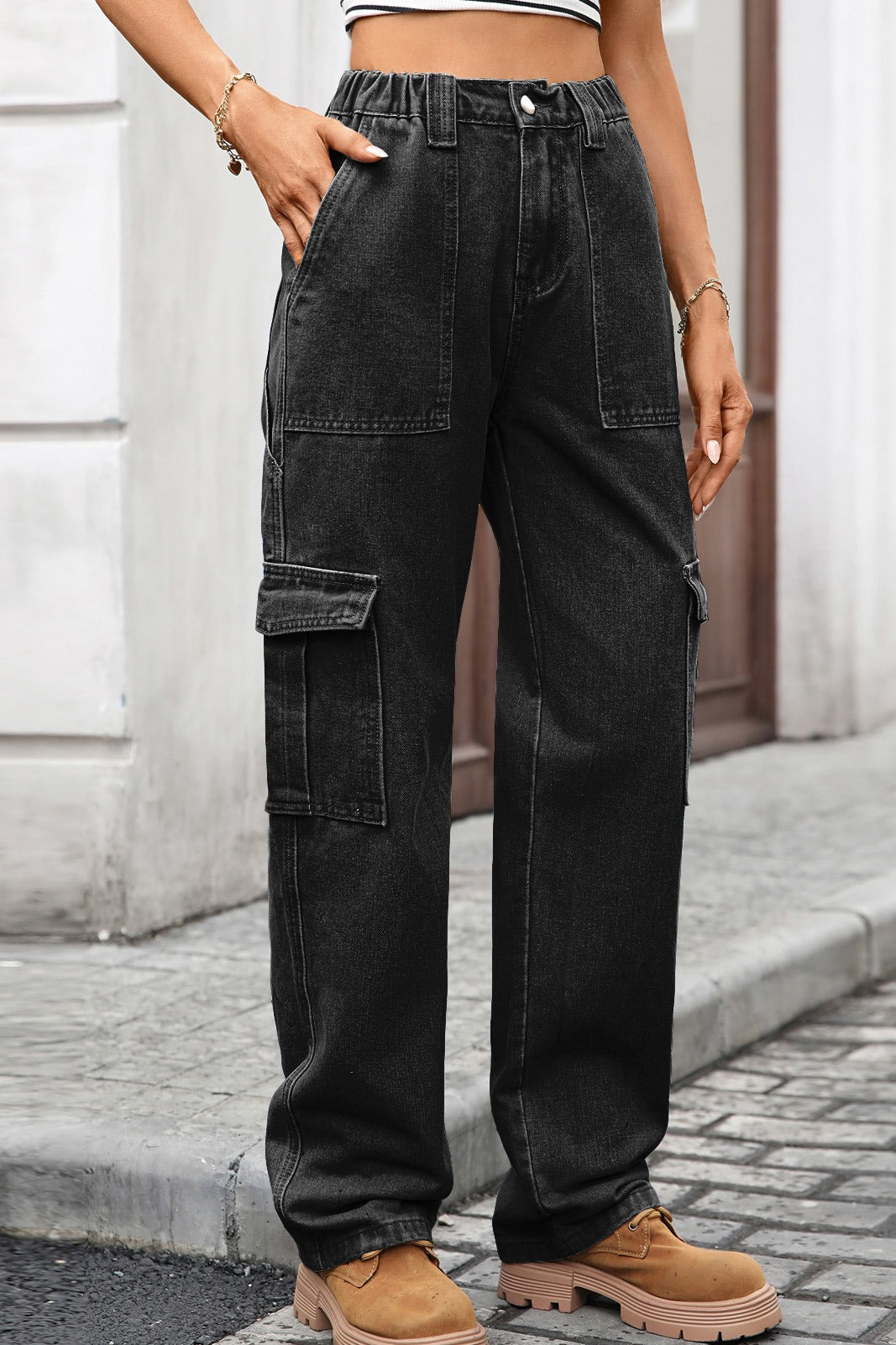 High Waist Elastic Baggy Cargo Jeans LavishDaily
