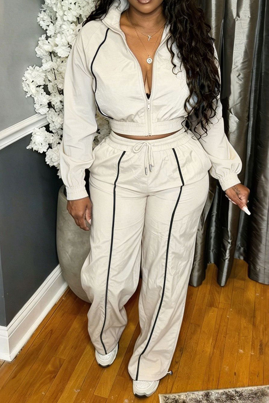 Zip-Front Piped Top & Wide-Leg Pants Set Lavish Daily