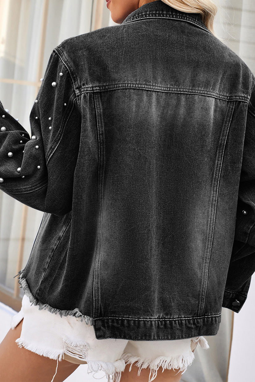 Pearl Trim Raw Hem Denim Jacket Lavish Daily