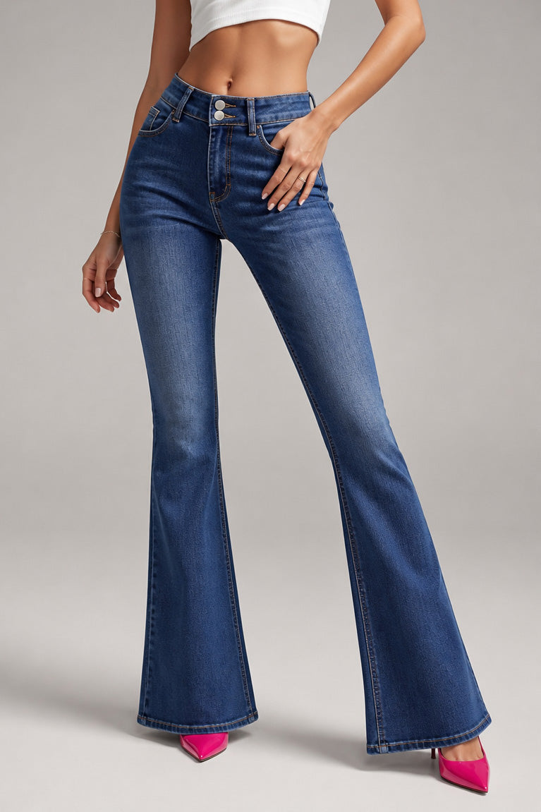 High Rise Double Button Flare Jeans Lavish Daily