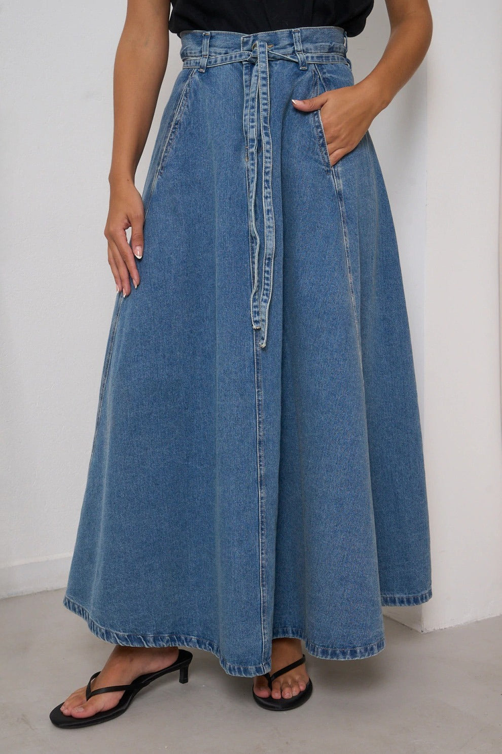 Belted High Waist A-Line Denim Maxi Skirt Lavish Daily