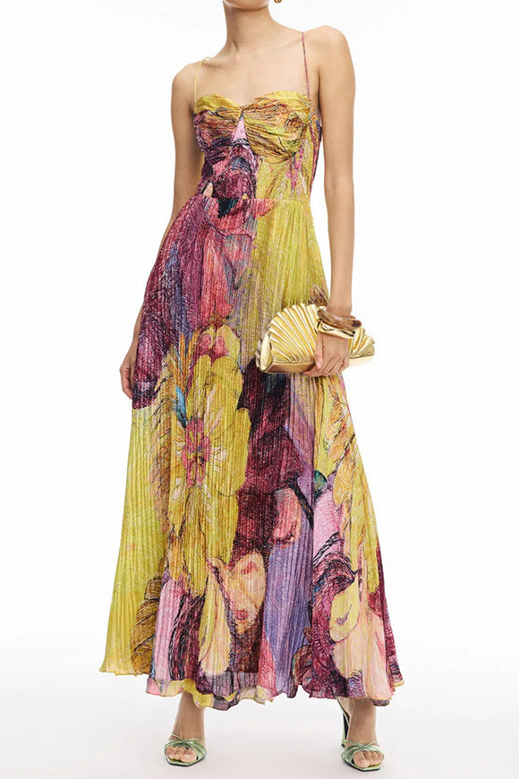 Printed Pleated Maxi Dress with Spaghetti Straps Lavish Daily