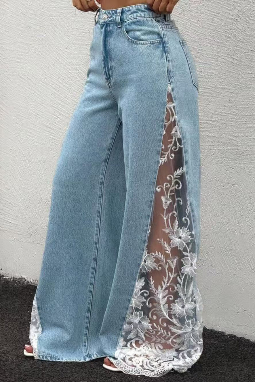 High-Waisted Lace Insert Wide Leg Jeans Lavish Daily