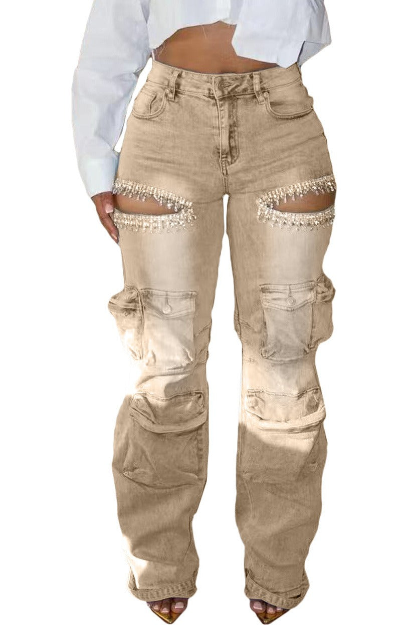 Rhinestone Cutout Wide Leg Cargo Pants LavishDaily