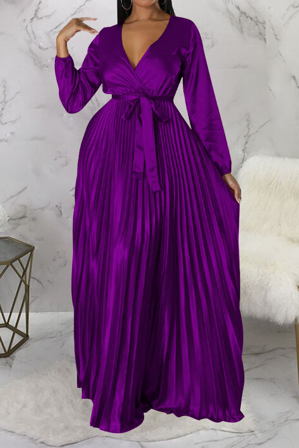 Faux Silk Pleated Tie-Waist Maxi Dress Lavish Daily