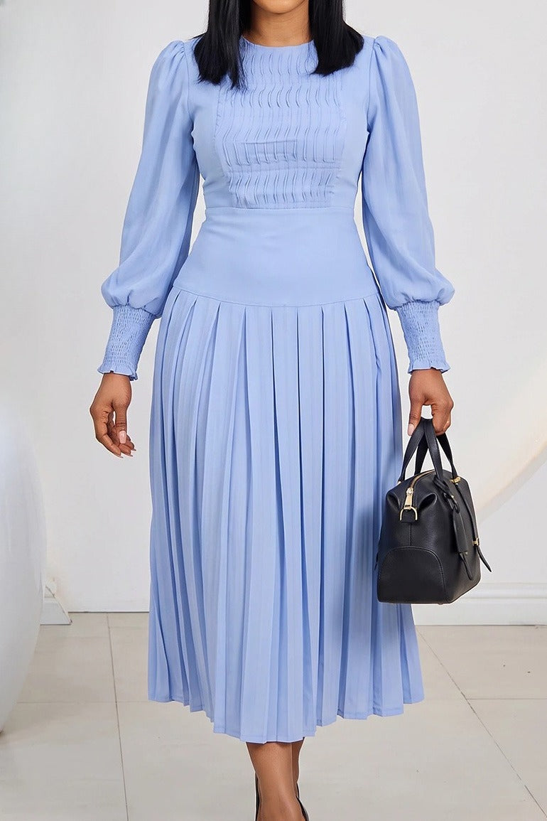 Smocked Puff Sleeve Pleated Midi Dress Lavish Daily