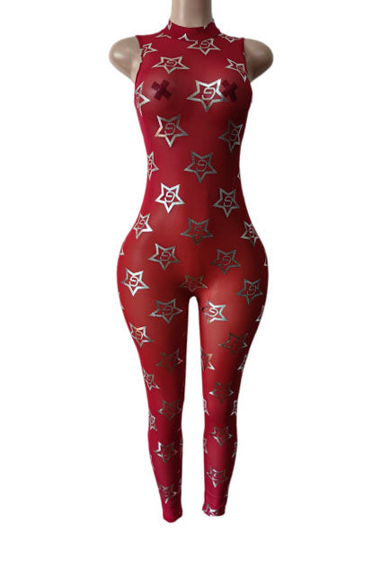 Metallic Star Print Mesh Jumpsuit Lavish Daily