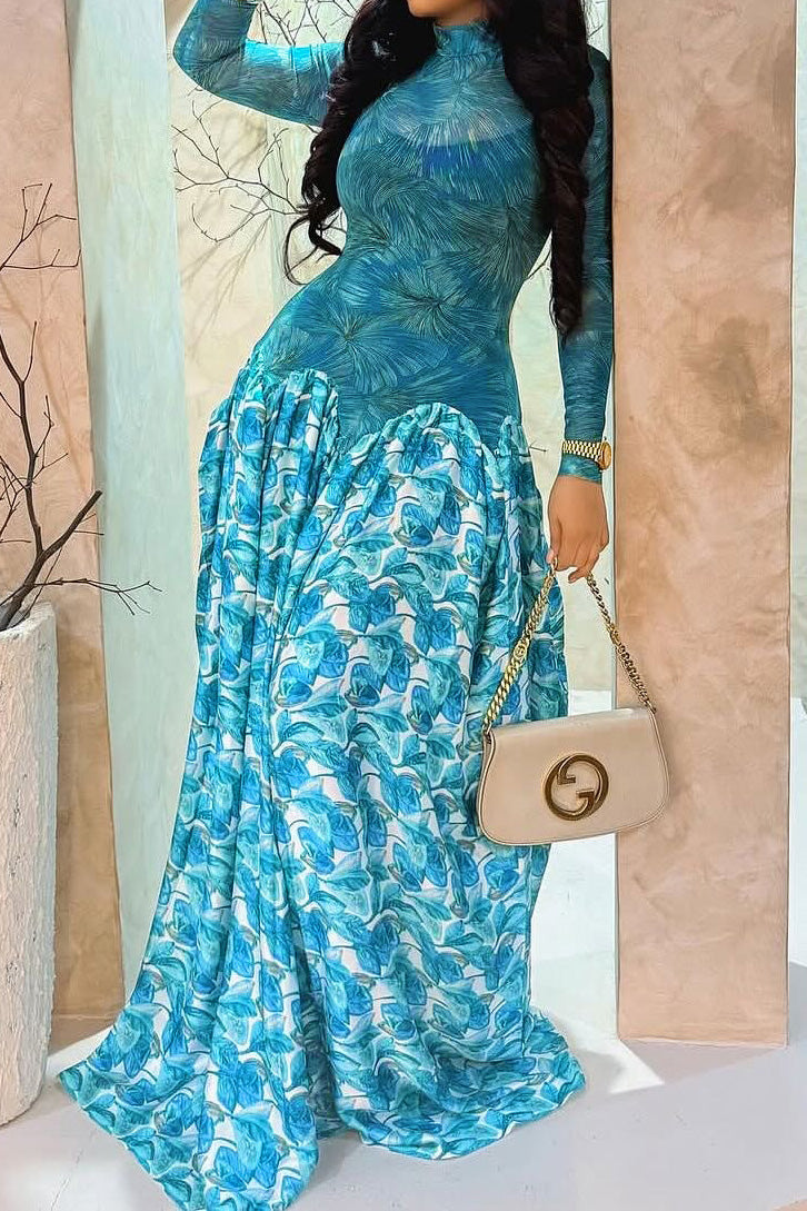 Mock Neck Mesh Floral Maxi Dress Lavish Daily