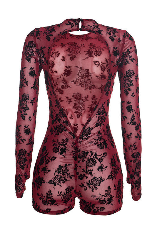 Floral Mesh Backless Long-Sleeve Romper Lavish Daily