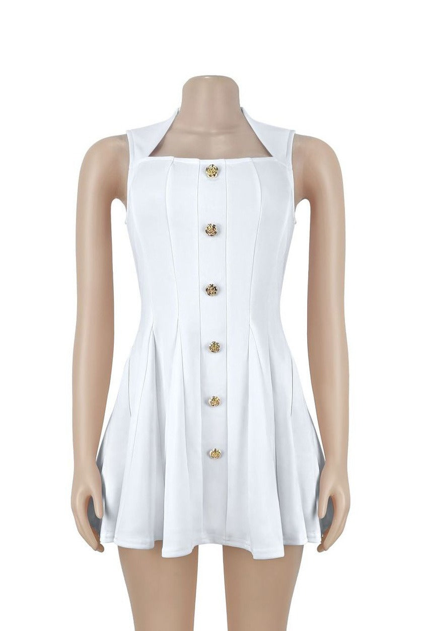Square Neck Button Front Pleated Mini Dress Lavish Daily