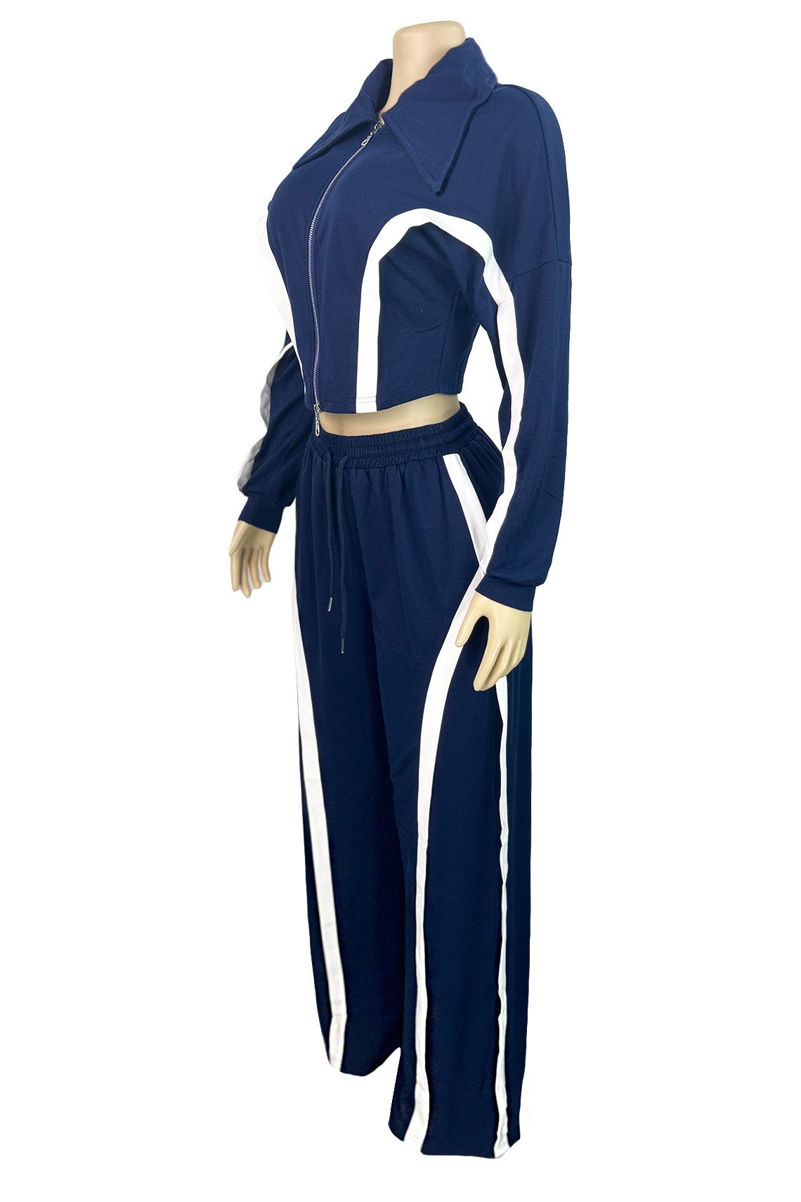 Striped Patchwork Zip-Up Top & Wide Leg Pants Set Lavish Daily