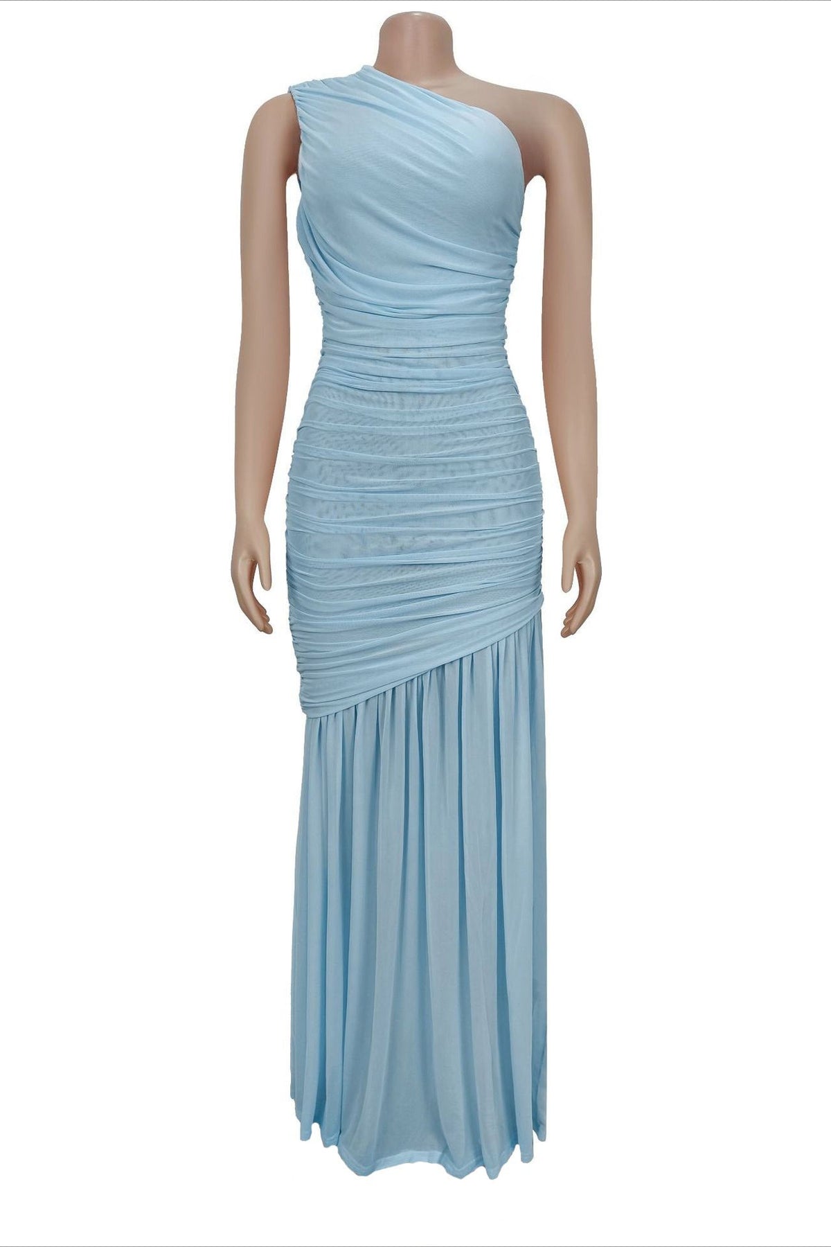 One-Shoulder Ruched Mesh Maxi Dress Lavish Daily