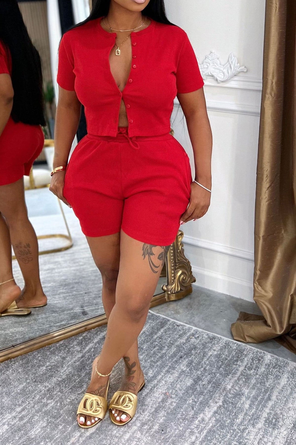 Short Sleeve Top & Ribbed Shorts 2 Piece Sets Lavish Daily