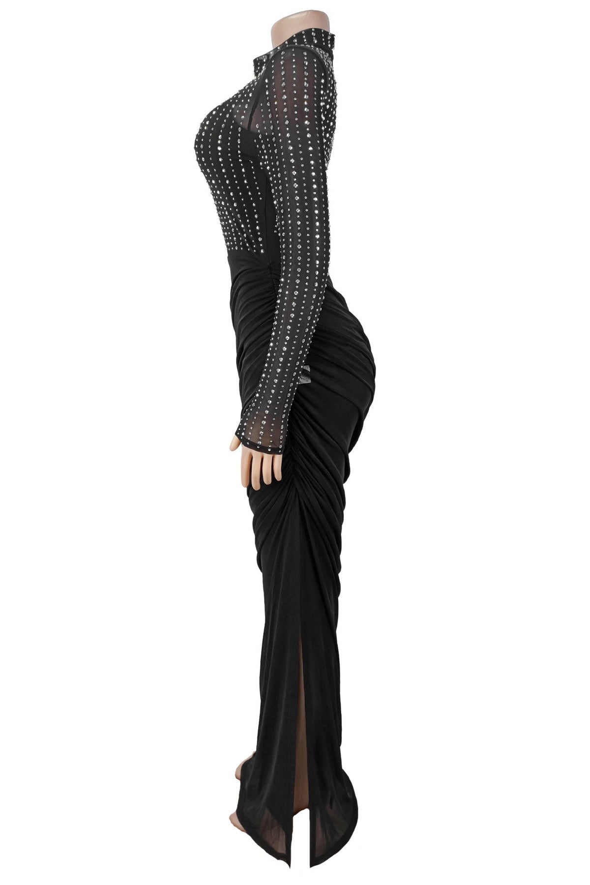 Beaded High-Neck Ruched Mesh Maxi Dress Lavish Daily