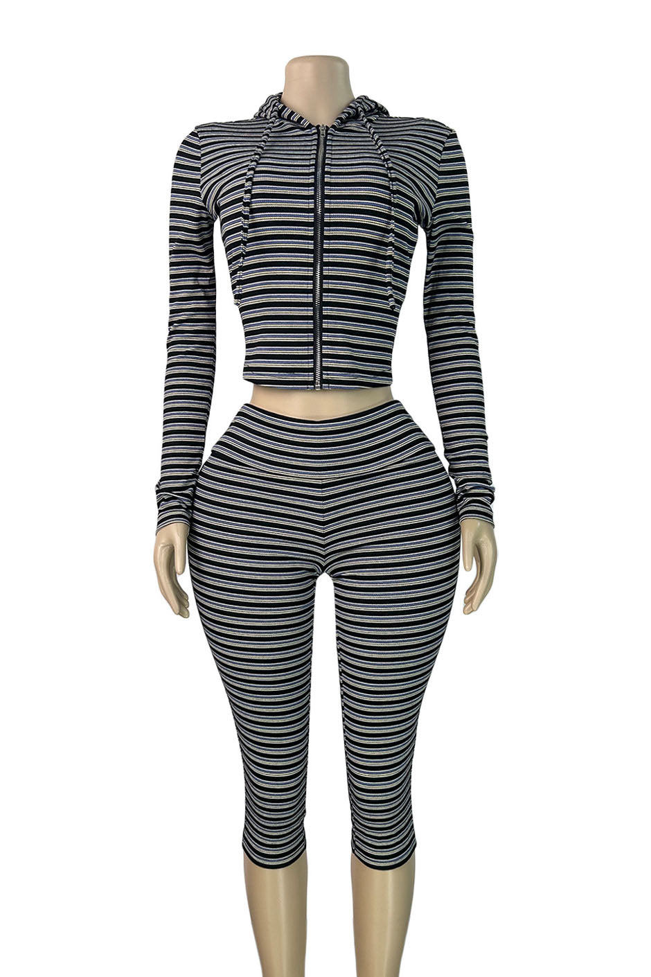 Striped Zip Hoodie & Foldover Capri Pants Set Lavish Daily