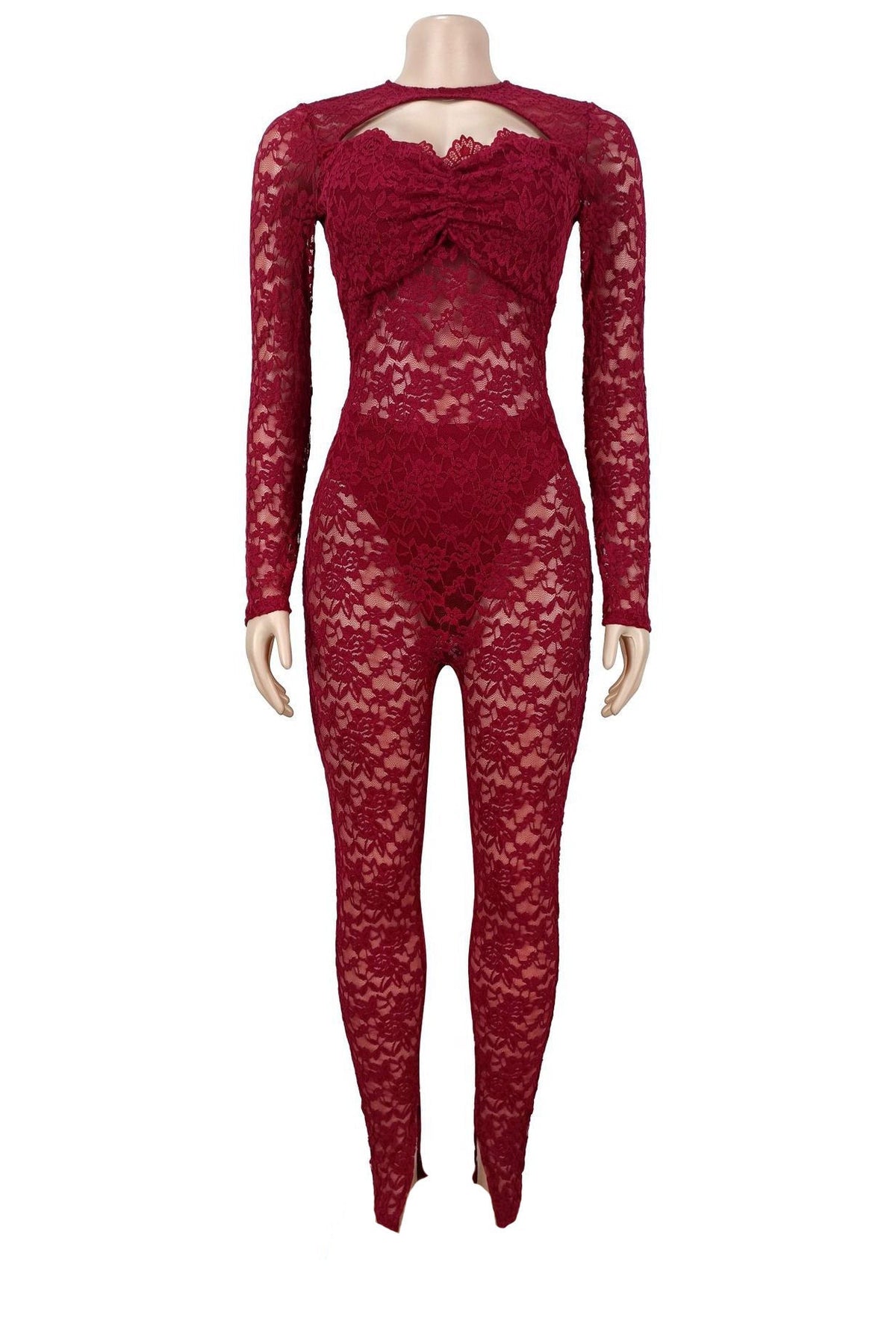 Sheer Lace Long-Sleeve Cutout Jumpsuit Lavish Daily
