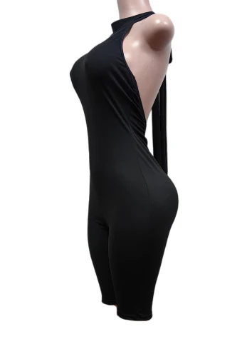 Backless Ruched Halter Biker Romper LavishDaily