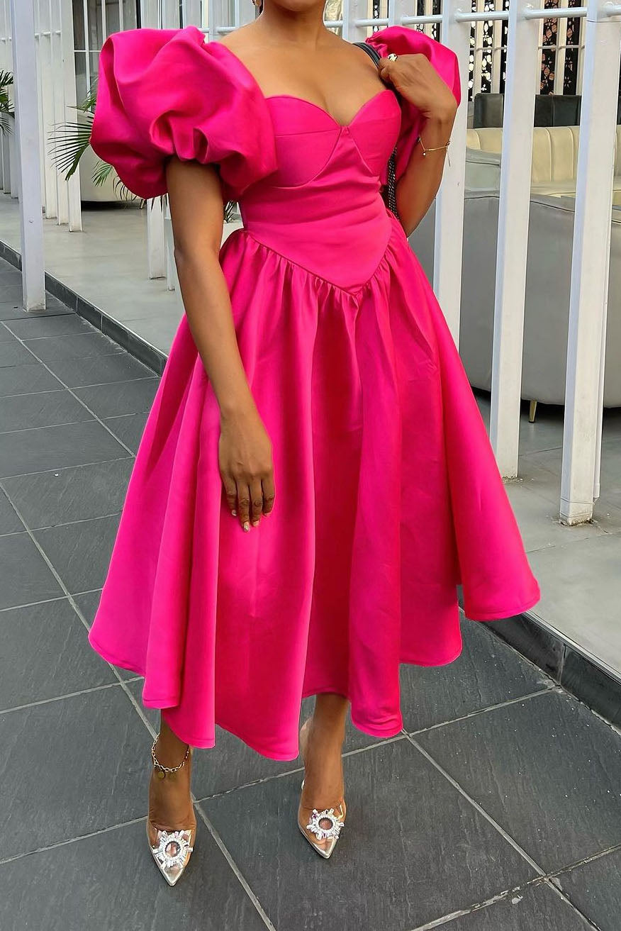 Puff Sleeve Basque Midi Dress Lavish Daily