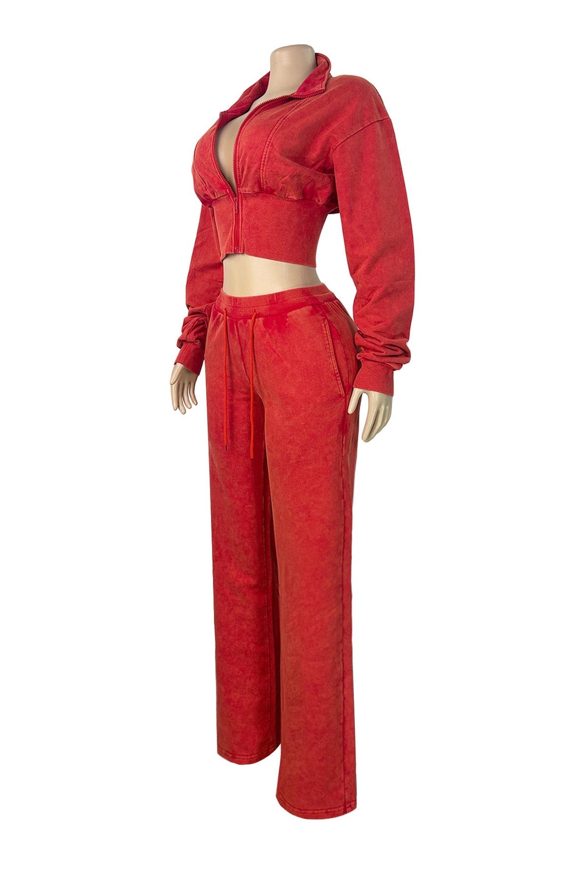 Washed Cropped Zip Jacket Wide Leg Pants Set Lavish Daily