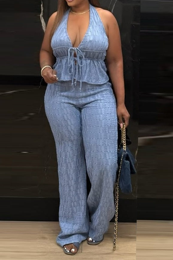 Textured Halter Wide Leg Pant Set Lavish Daily