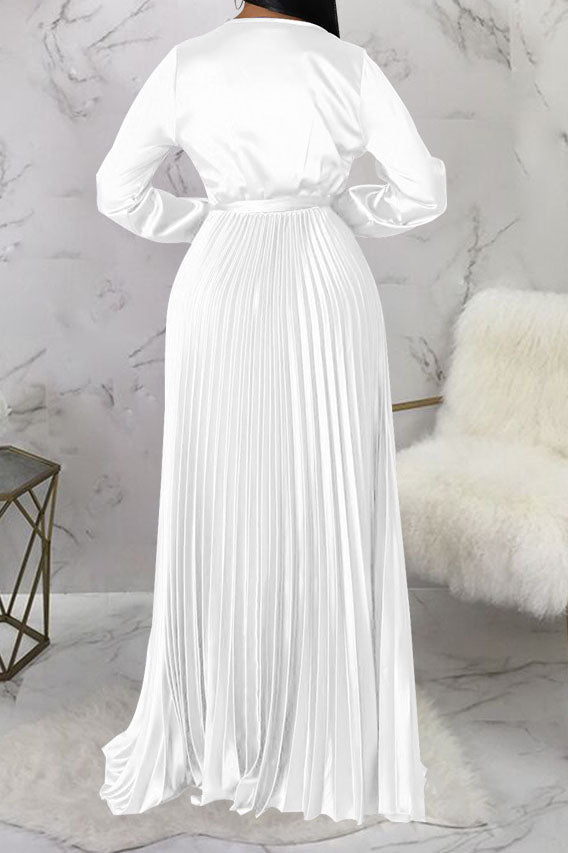 Faux Silk Pleated Tie-Waist Maxi Dress Lavish Daily