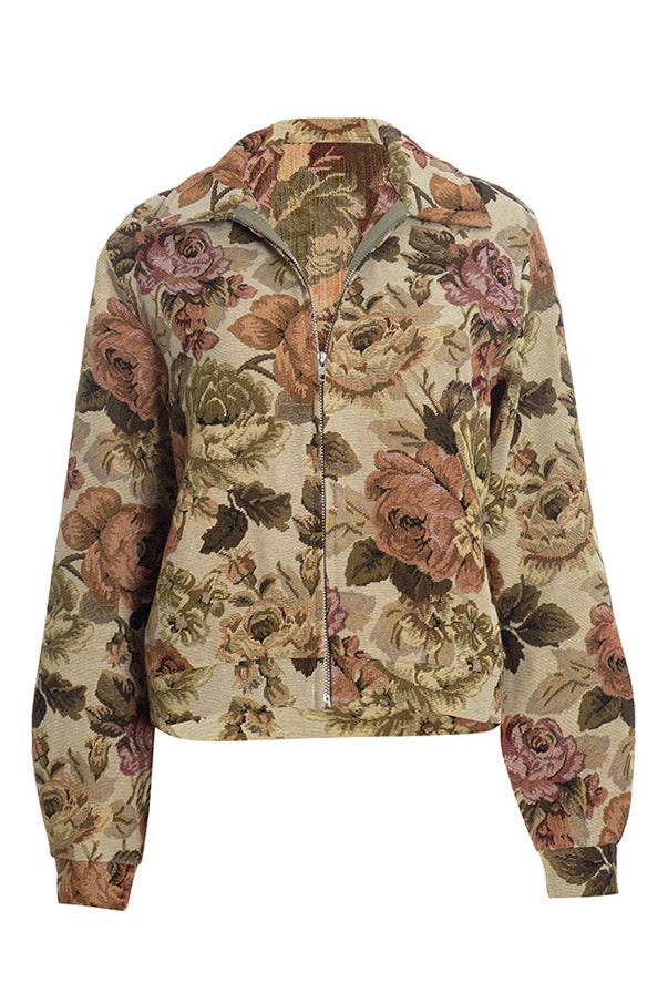 Floral Jacquard Zip-Front Collared Jacket Lavish Daily