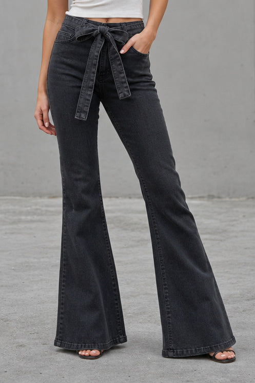 Medium Stretch High Rise Tie Belt Flare Jeans Lavish Daily