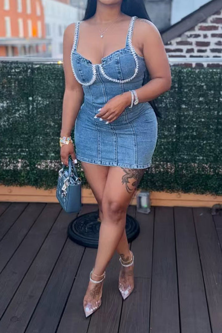 Rhinestone Trim Denim Bustier Mini Dress Lavish Daily