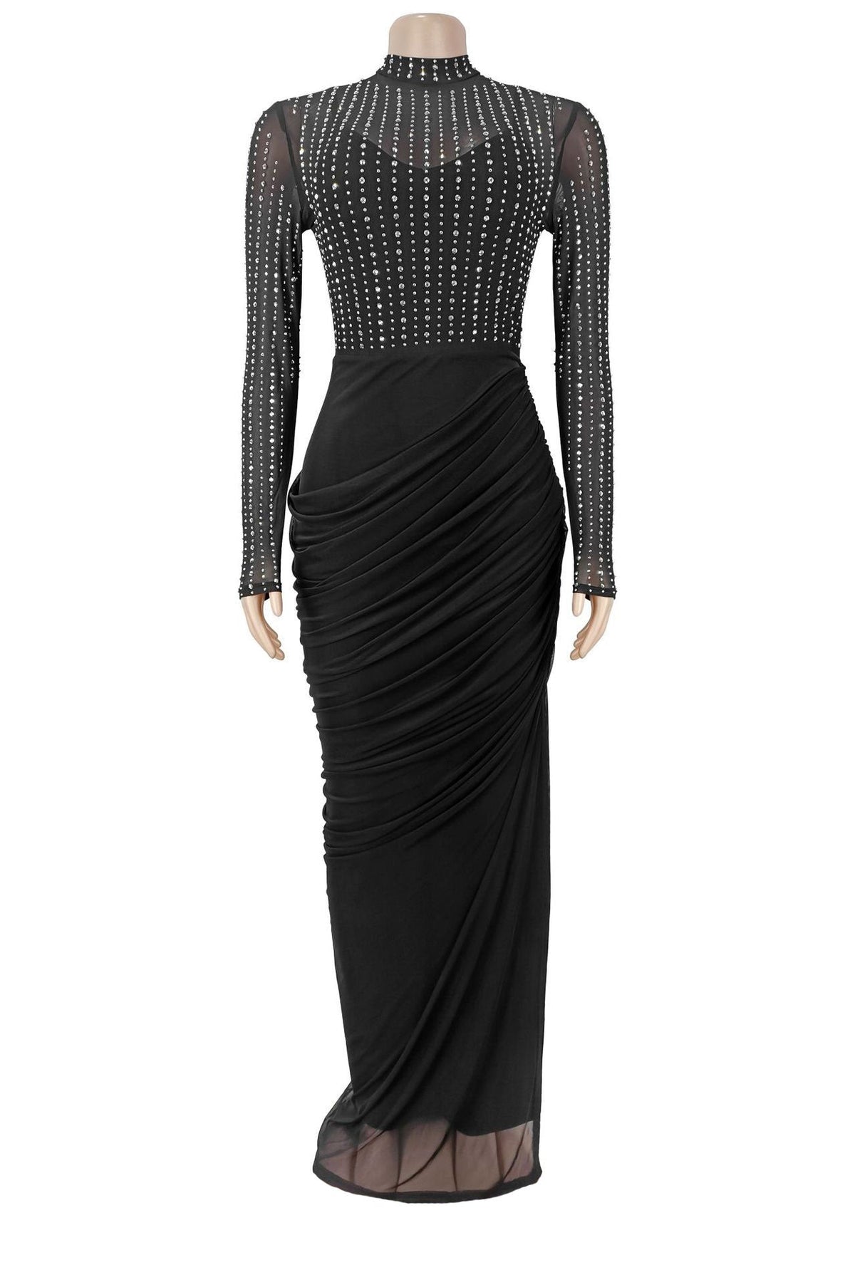 Beaded High-Neck Ruched Mesh Maxi Dress Lavish Daily